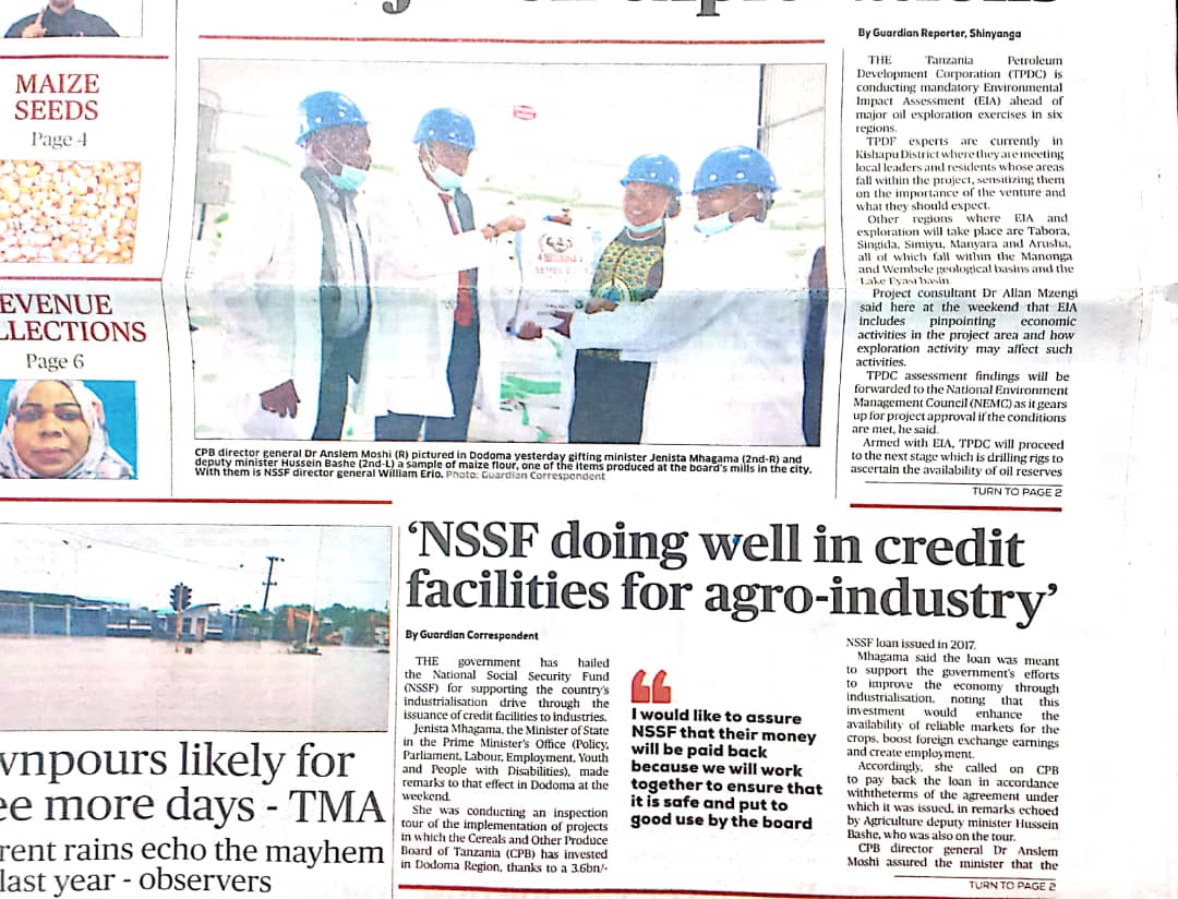 'NSSF DOING WELL IN CREDIT FACILITIES FOR AGRO-INDUSTRY' THE GUARDIAN FRONT PAGE CONTINUES PAGE  3